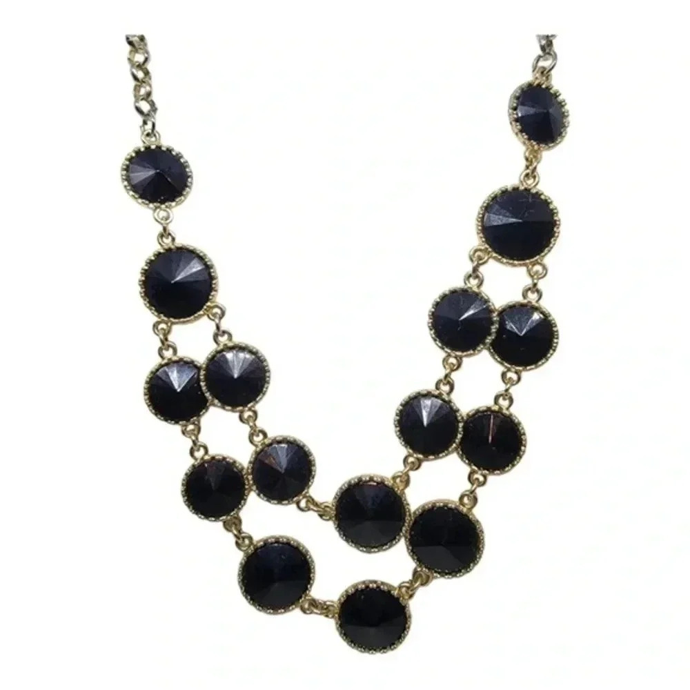 Necklace Gold Tone Layered Two Rows Jet Black Acrylic Beads Adjustable